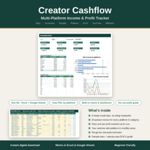 Creator Cashflow | Multi-Platform Income & Profit Tracker for Etsy, Gumroad, Shopify, Patreon, Ko-fi