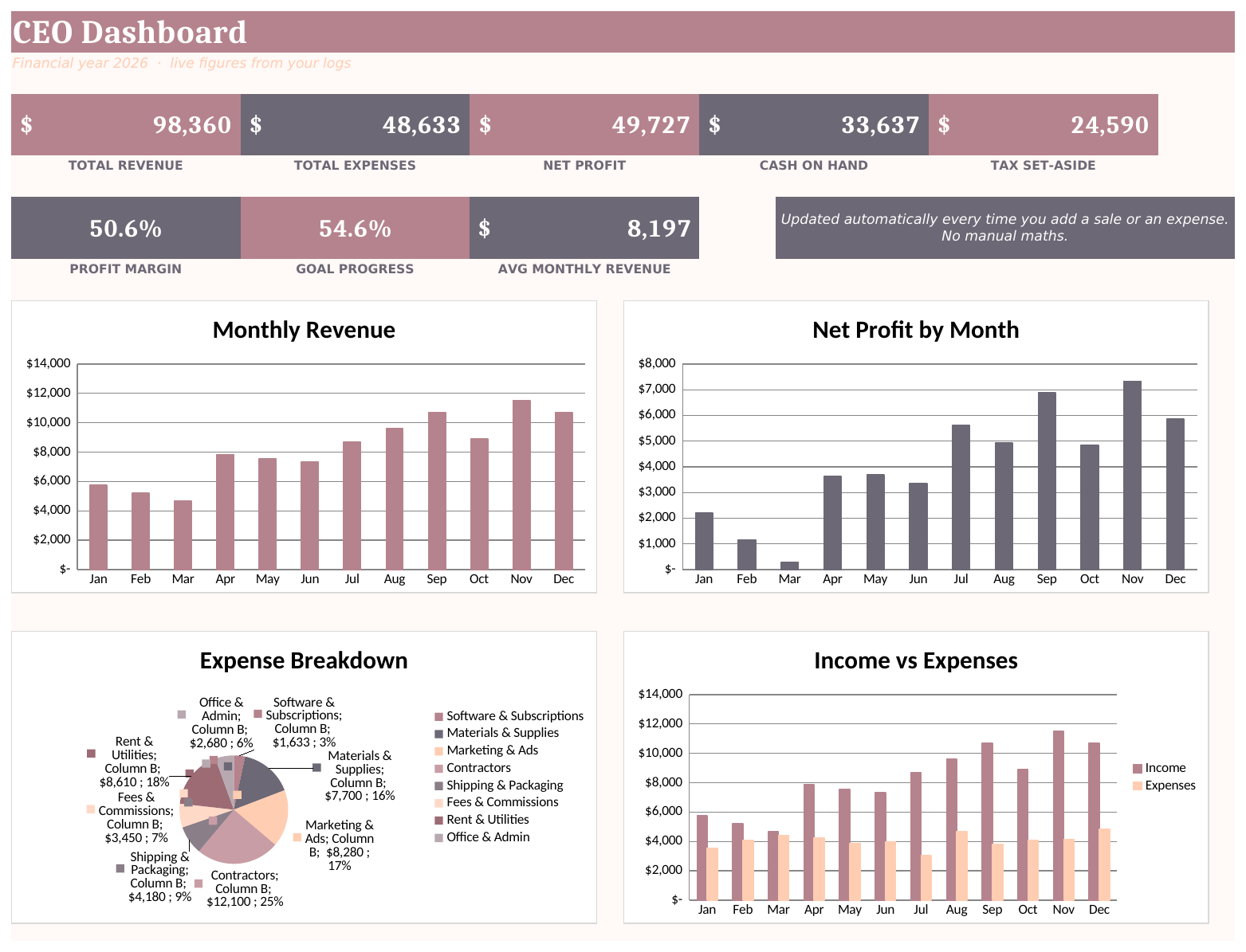 Small Business CEO Dashboard Spreadsheet Bundle for Excel + Google Sheets