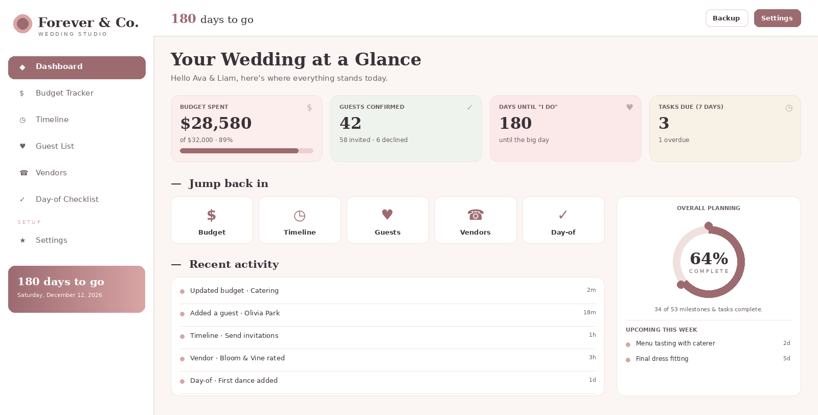 The Ultimate Wedding Planning Dashboard — Interactive Offline Planner (Budget, Timeline, Guests, Vendors & Day-of)