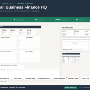 Small Business Finance HQ | Bookkeeping Spreadsheet Excel & Google Sheets | Income Expense Tracker, Invoice Log, Tax & VAT Calculator, Cash Flow Forecast, Profit & Loss, 6 Dashboards | Small Business Accounting Template