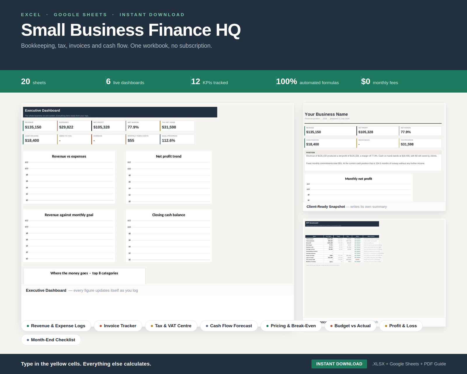 Small Business Finance HQ | Bookkeeping Spreadsheet Excel & Google Sheets | Income Expense Tracker, Invoice Log, Tax & VAT Calculator, Cash Flow Forecast, Profit & Loss, 6 Dashboards | Small Business Accounting Template