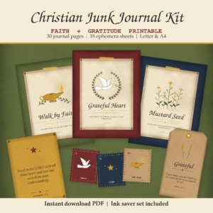 Christian junk journal kit printable covers, scripture card, stamps and tag