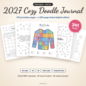 2027 Cozy Doodle Journal printable bundle with colored mood tracker, dated calendar and cover pages