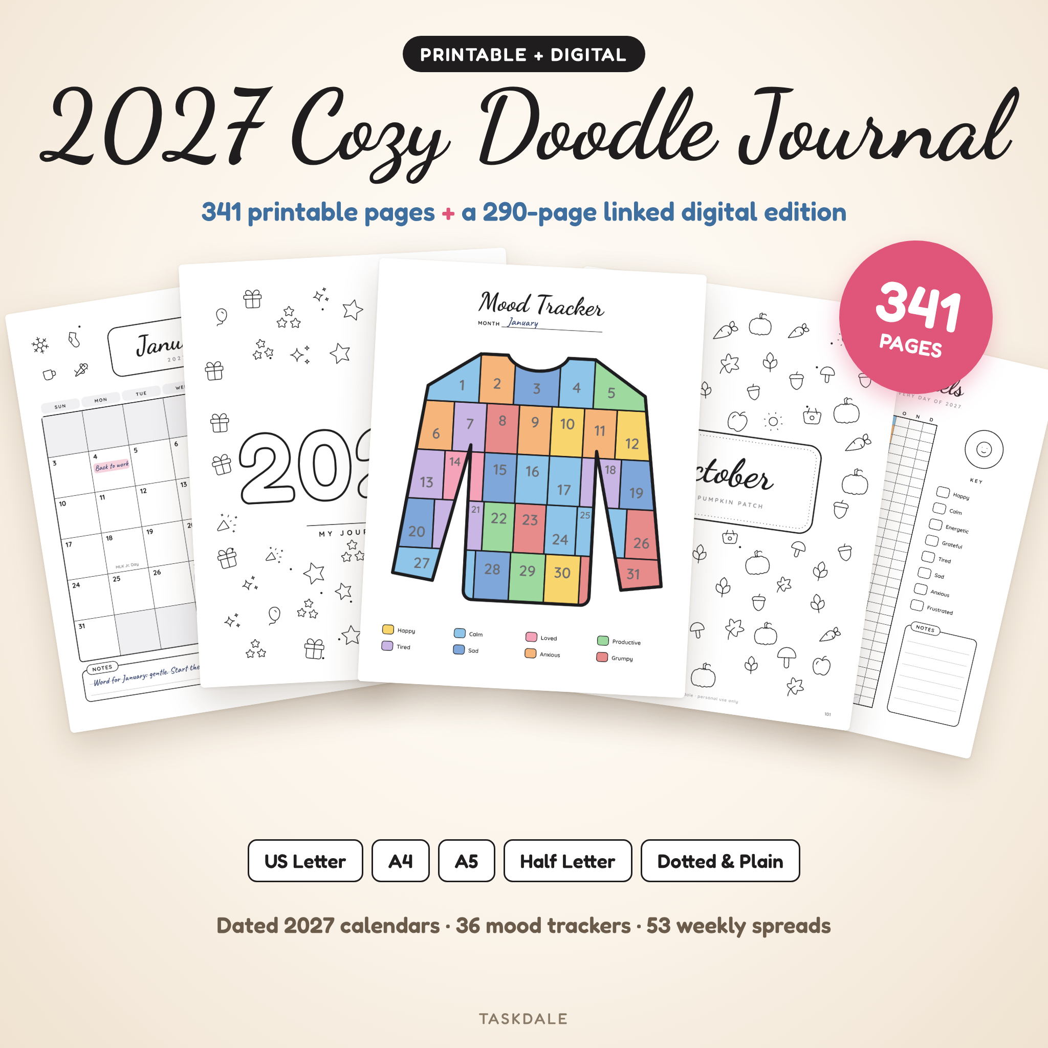 2027 Cozy Doodle Journal printable bundle with colored mood tracker, dated calendar and cover pages