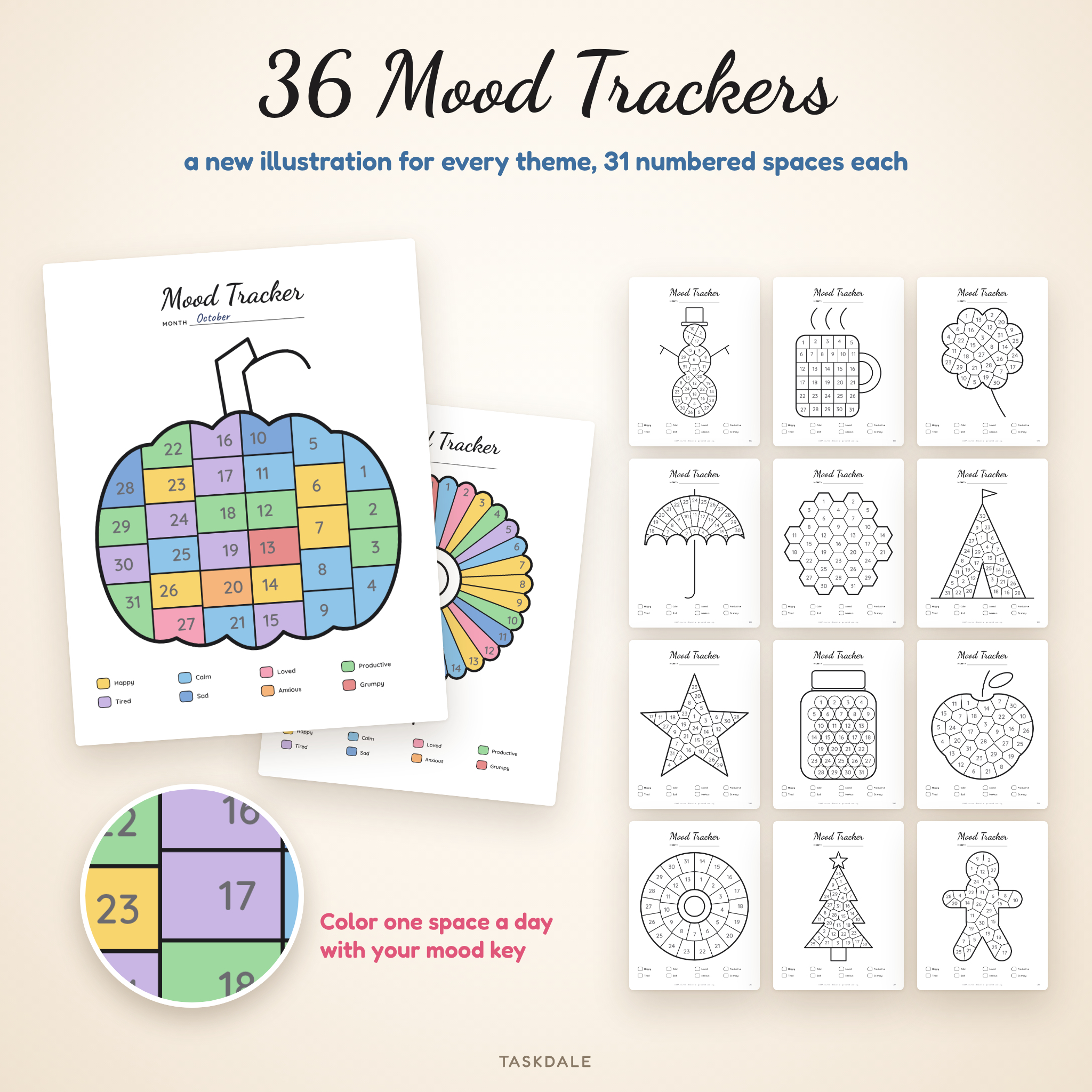 36 printable mood tracker illustrations with 31 numbered spaces, colored sample pumpkin