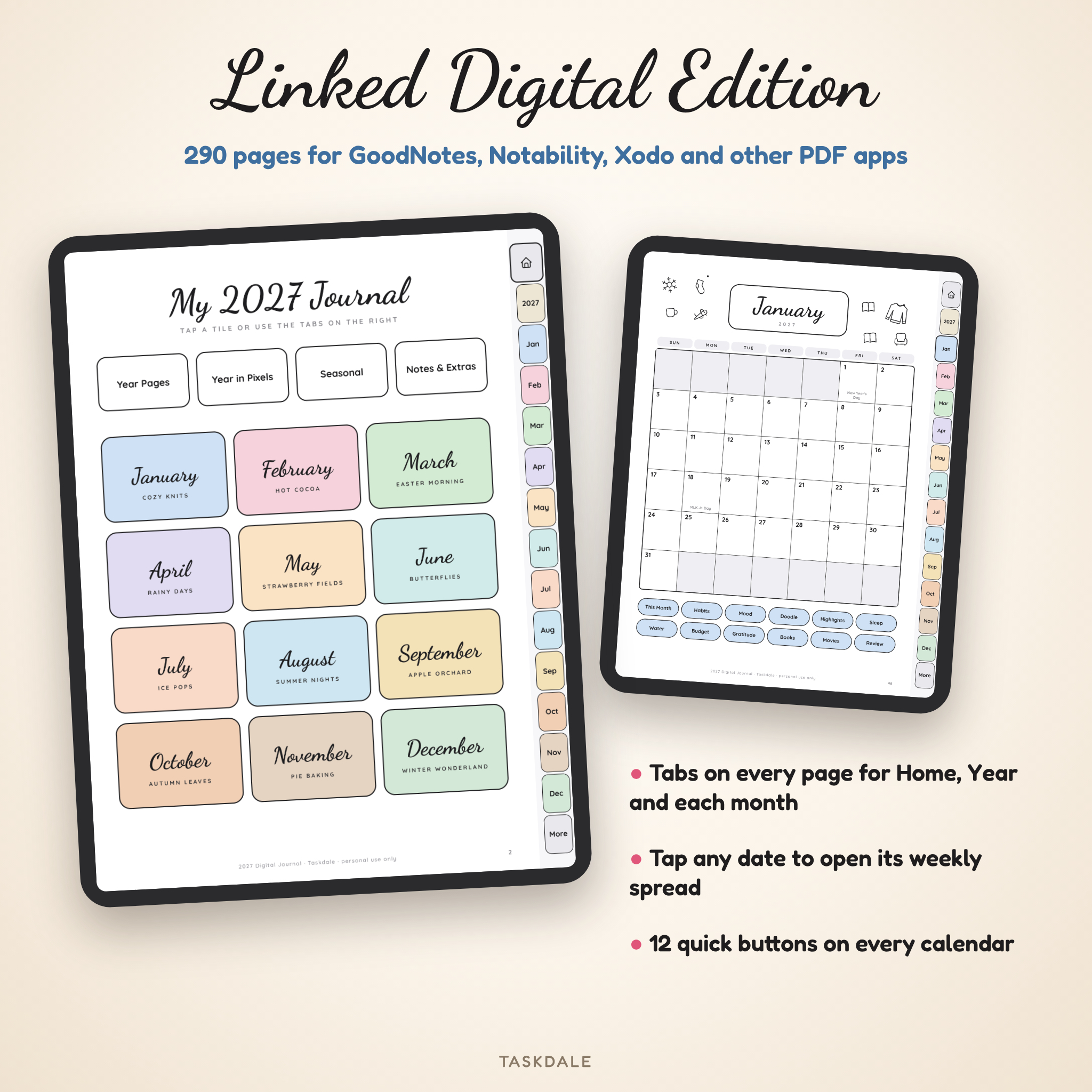 Hyperlinked digital journal on a tablet with month tabs and linked 2027 calendar