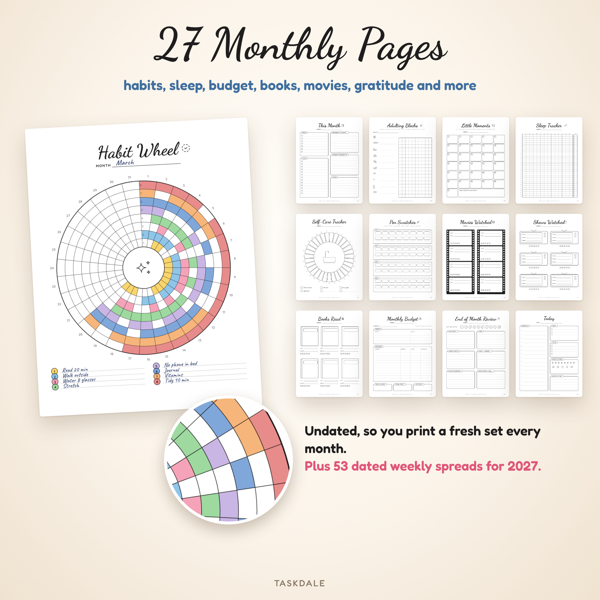 27 undated monthly journal pages with a colored habit wheel sample