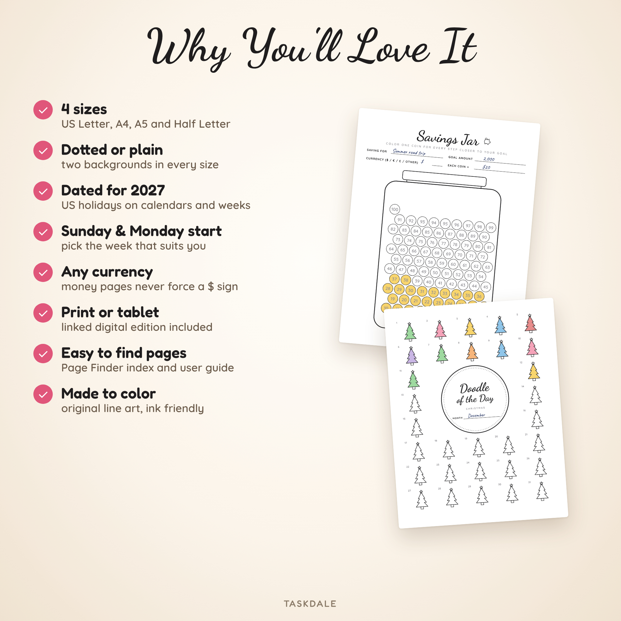 Benefits of the 2027 journal: four sizes, dotted or plain, any currency, print or tablet