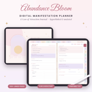 Abundance Bloom digital manifestation planner on a tablet with daily page