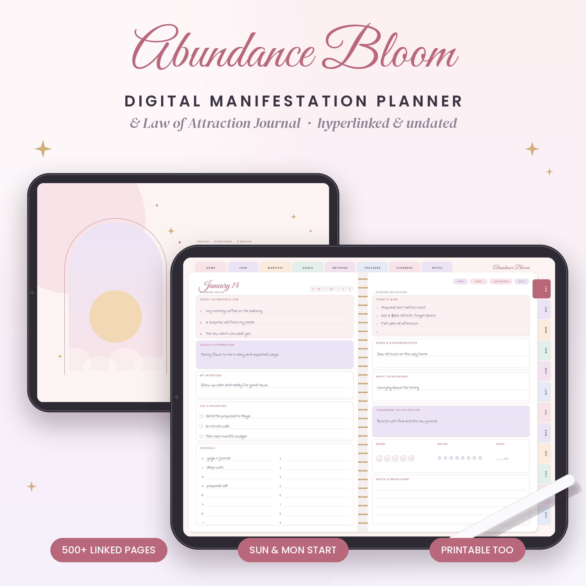 Abundance Bloom digital manifestation planner on a tablet with daily page