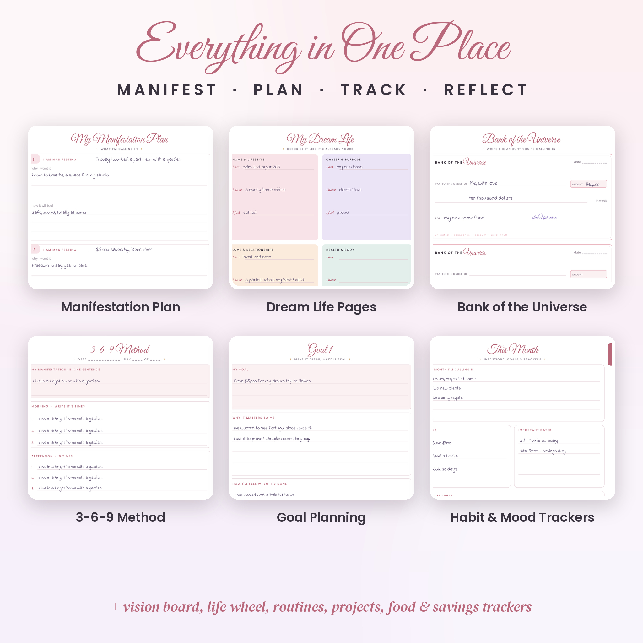 Manifestation plan, dream life, bank of the universe and goal pages