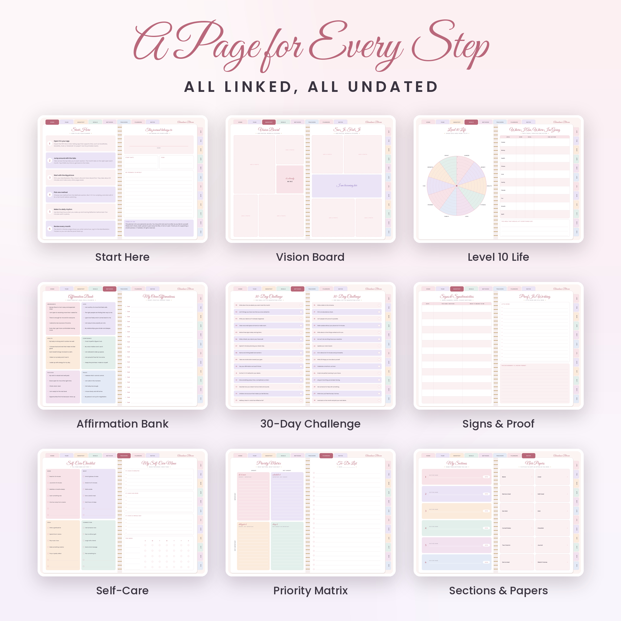 Undated hyperlinked planner pages for manifesting