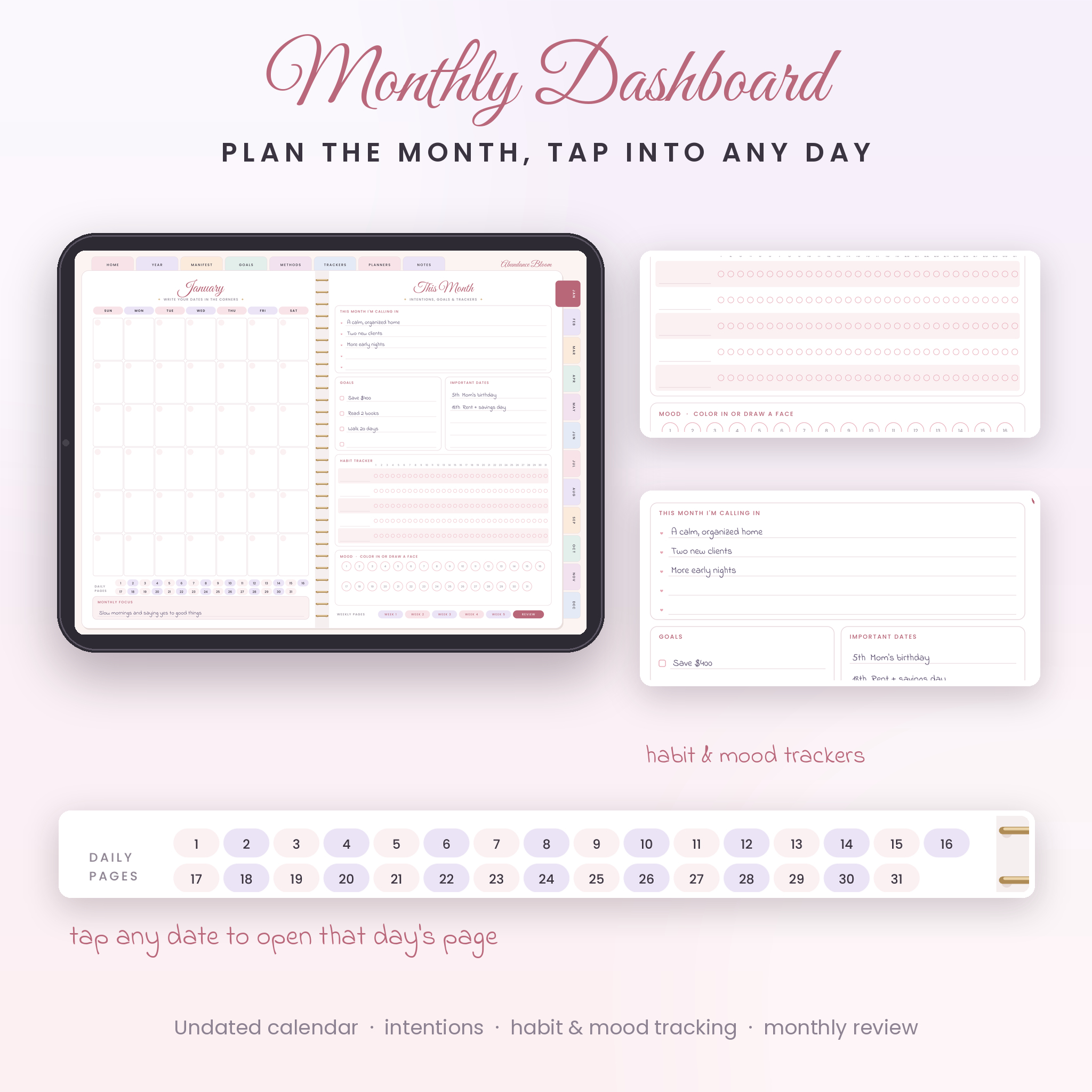 Monthly dashboard with habit and mood trackers