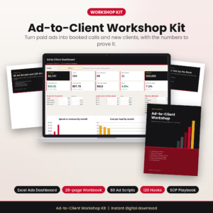 Ad-to-Client Workshop Kit with Excel ads dashboard, workbook, ad script vault and SOP playbook