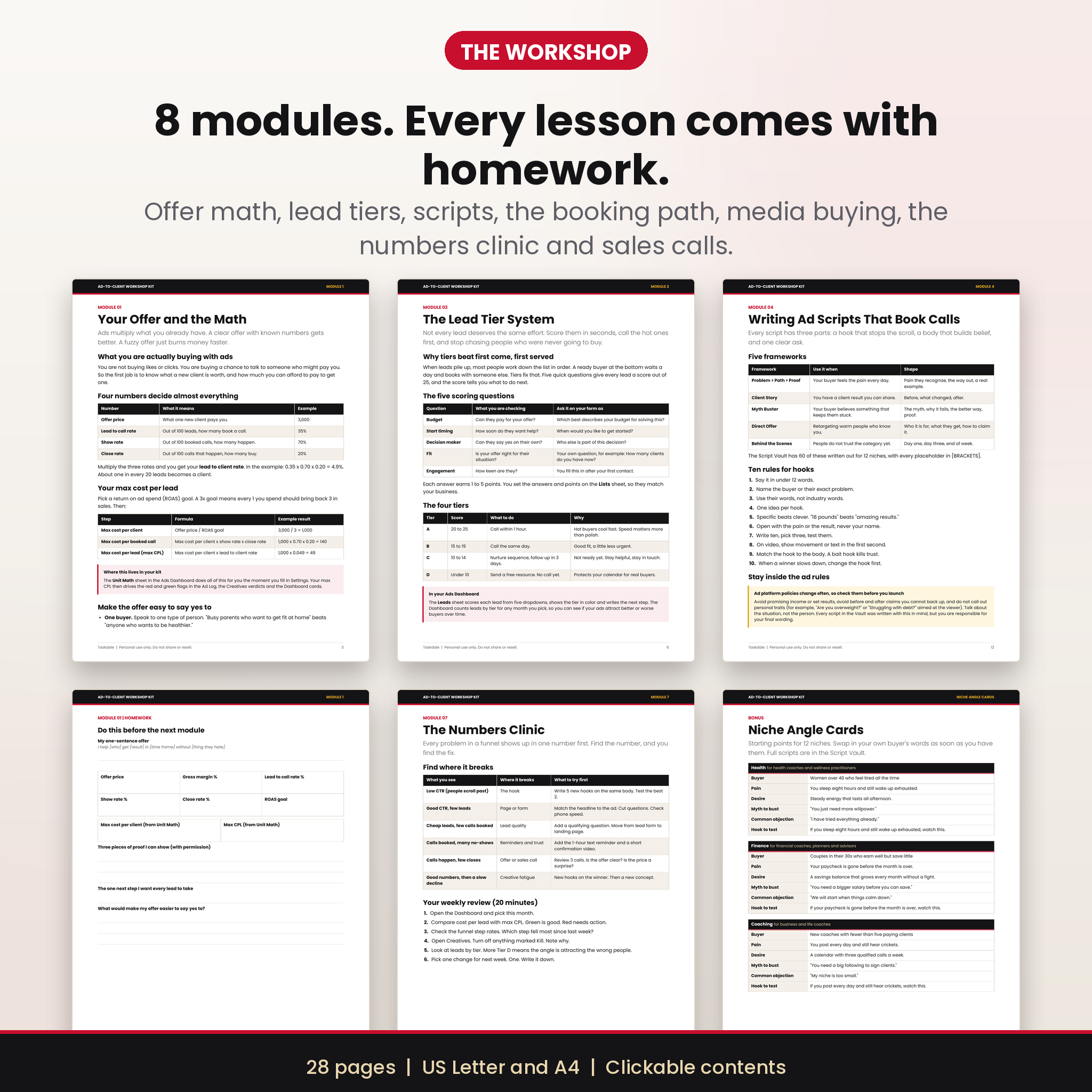 Workshop workbook pages with lessons and homework