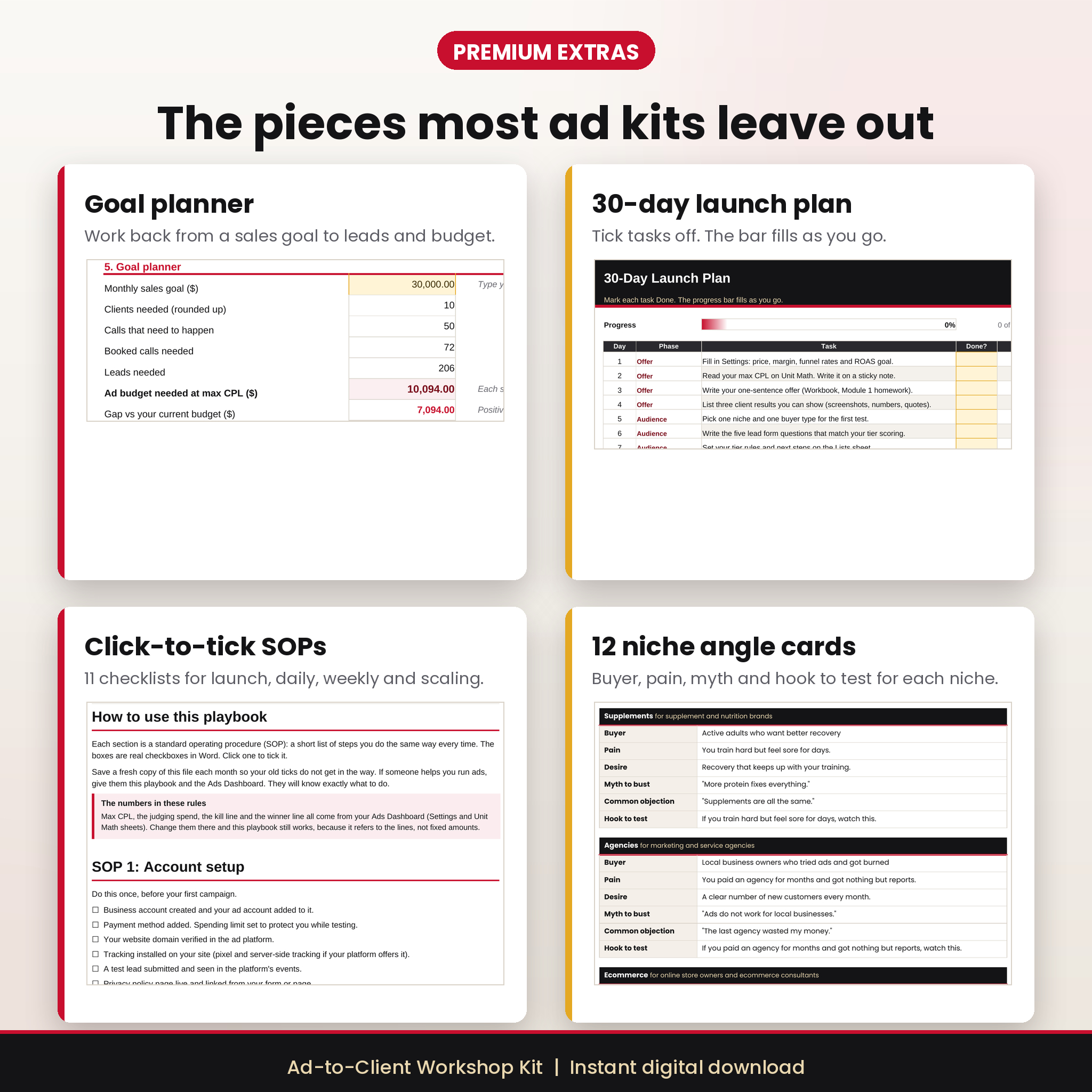 Premium extras: goal planner, 30-day plan, SOP checklists and niche cards