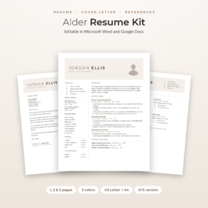 Alder resume template with photo, cover letter and references in Mocha