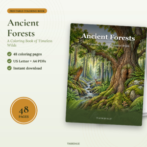 Ancient Forests coloring book printable PDF for adults, 48 detailed woodland coloring pages