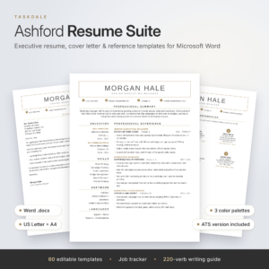 Ashford Resume Suite executive resume template bundle for Word and Google Docs with cover letter and reference page