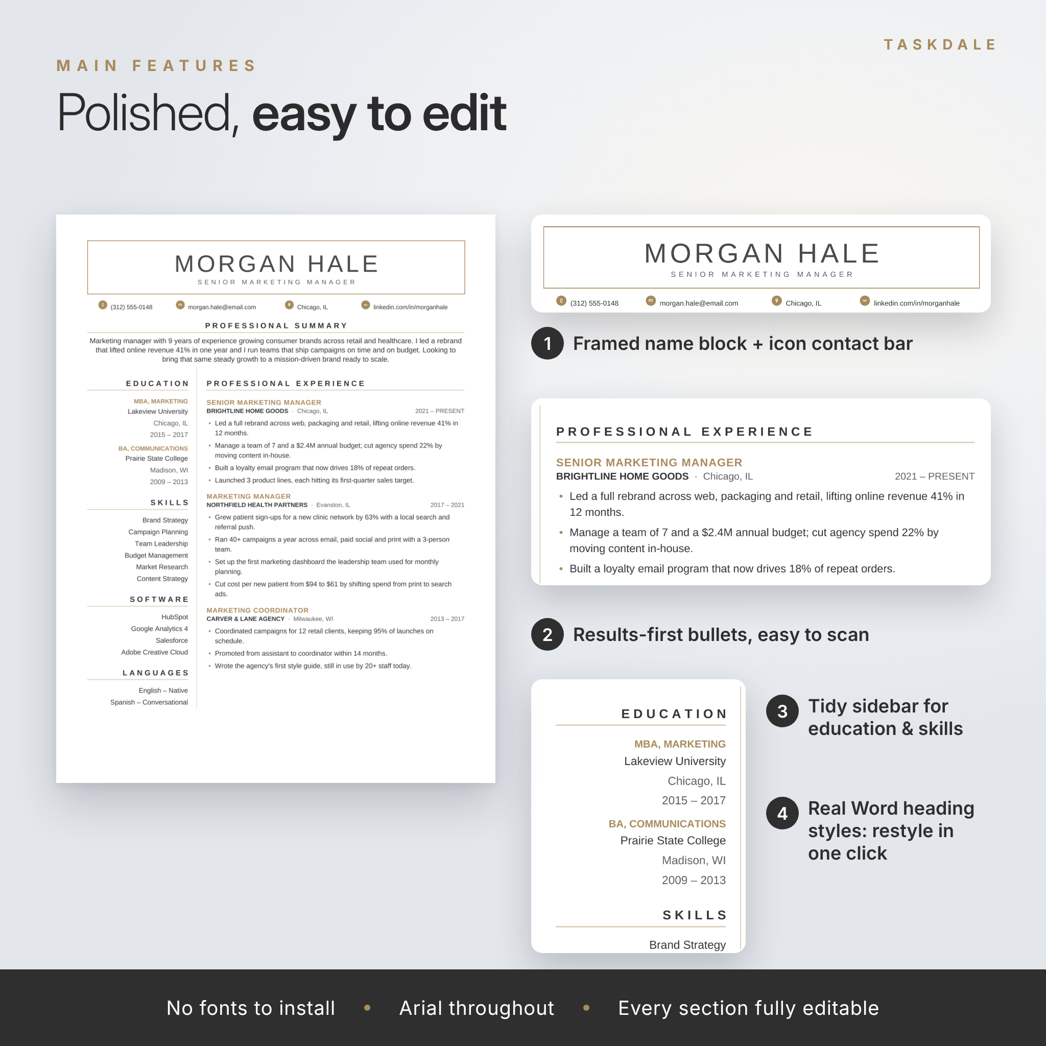 Executive resume template features: framed name block, icon contact bar, results-focused bullets