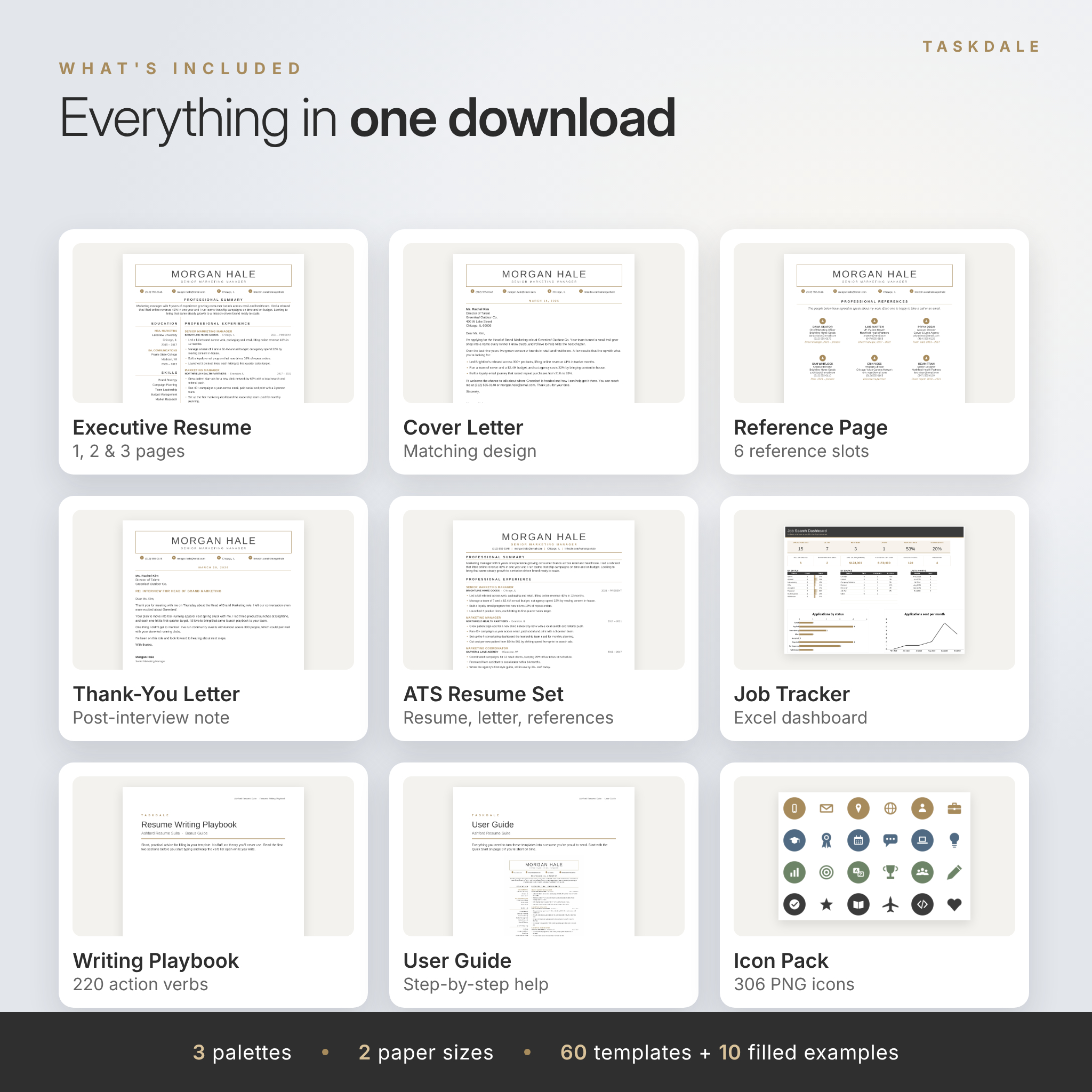 What is included in the Ashford resume template bundle: resumes, letters, ATS set, job tracker, guides, icons
