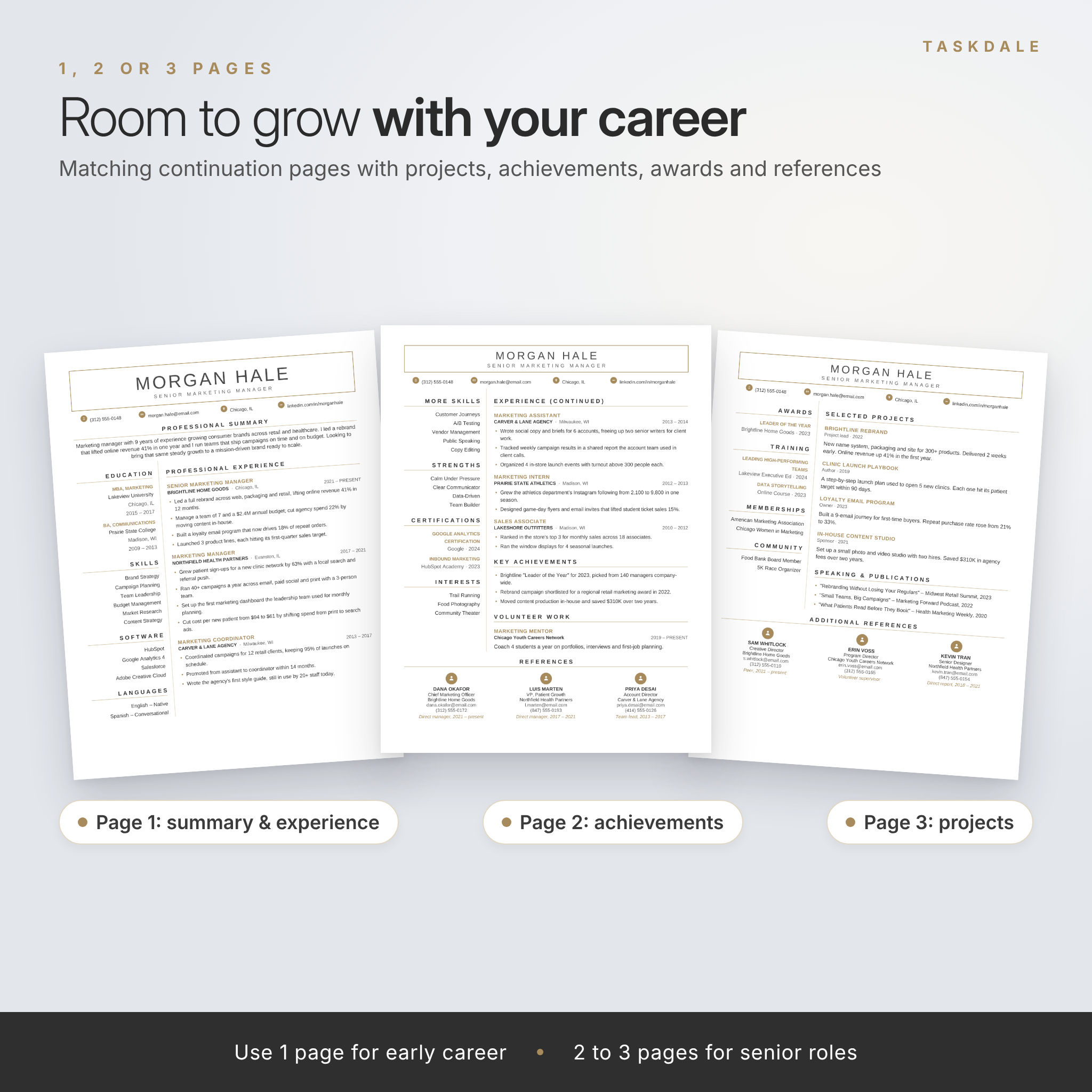 1, 2 and 3 page executive resume templates with continuation pages