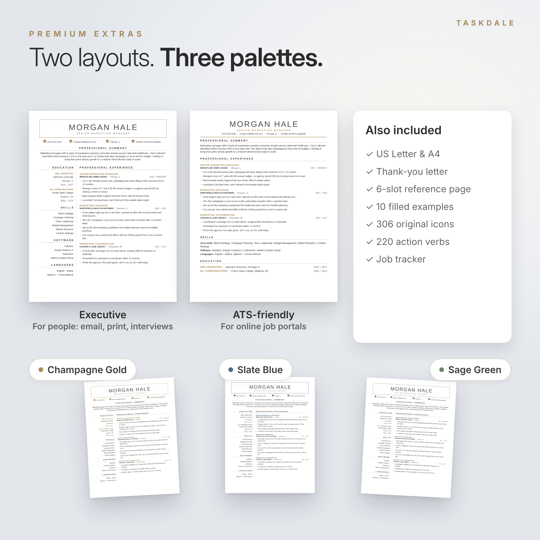 ATS-friendly resume and executive resume in three color palettes