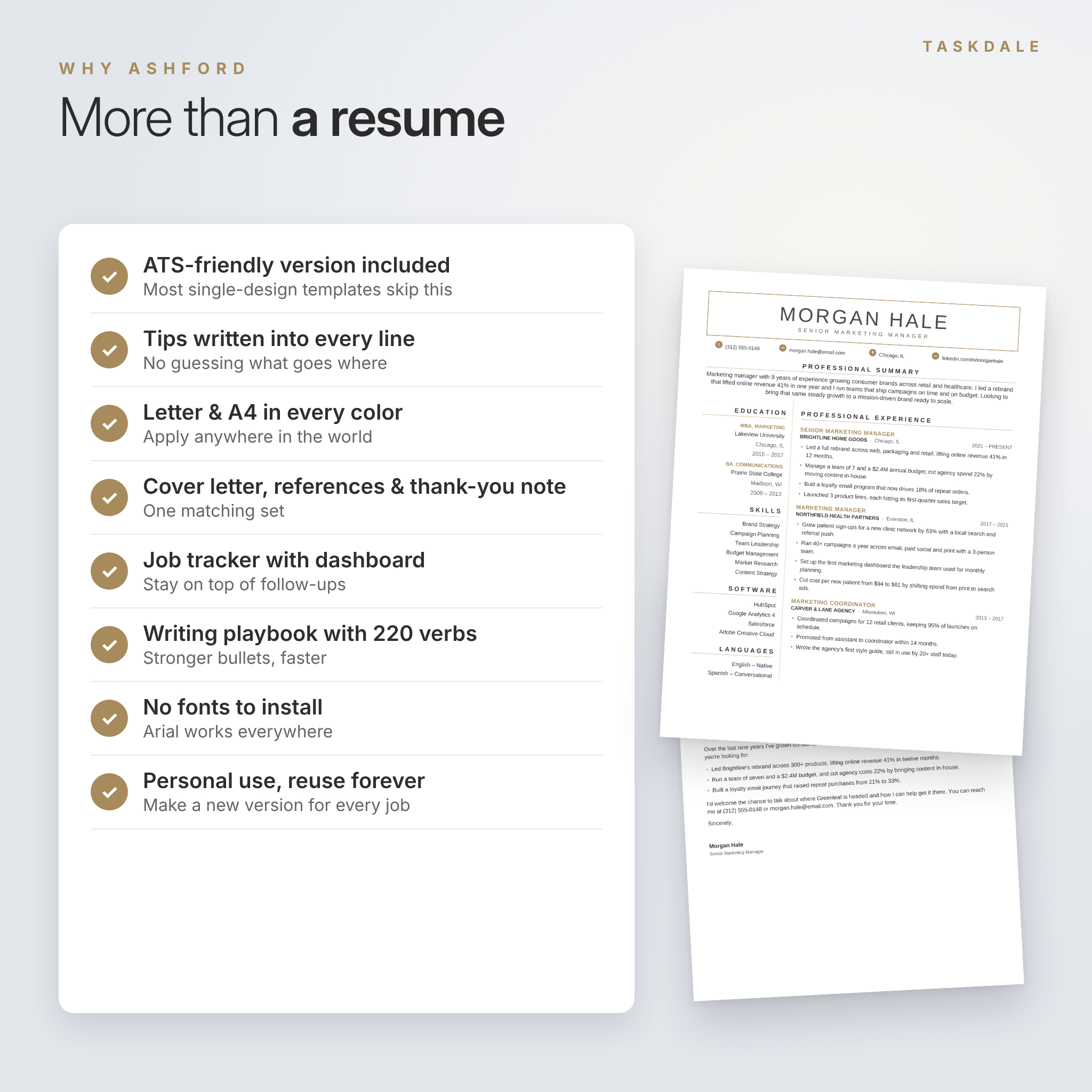 Why choose the Ashford resume suite: ATS version, tips, Letter and A4, tracker