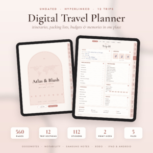 Atlas & Blush digital travel planner on iPad with cover and filled trip hub