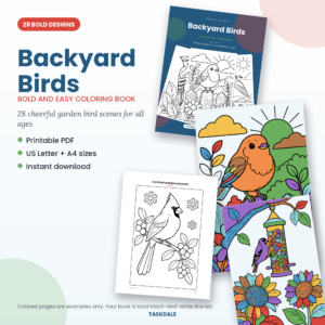 Backyard Birds printable coloring book with 28 bold and easy designs