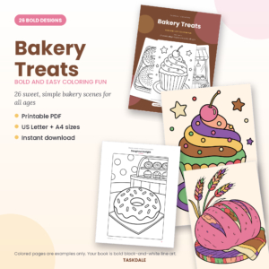Bakery Treats printable coloring book with 26 bold and easy designs