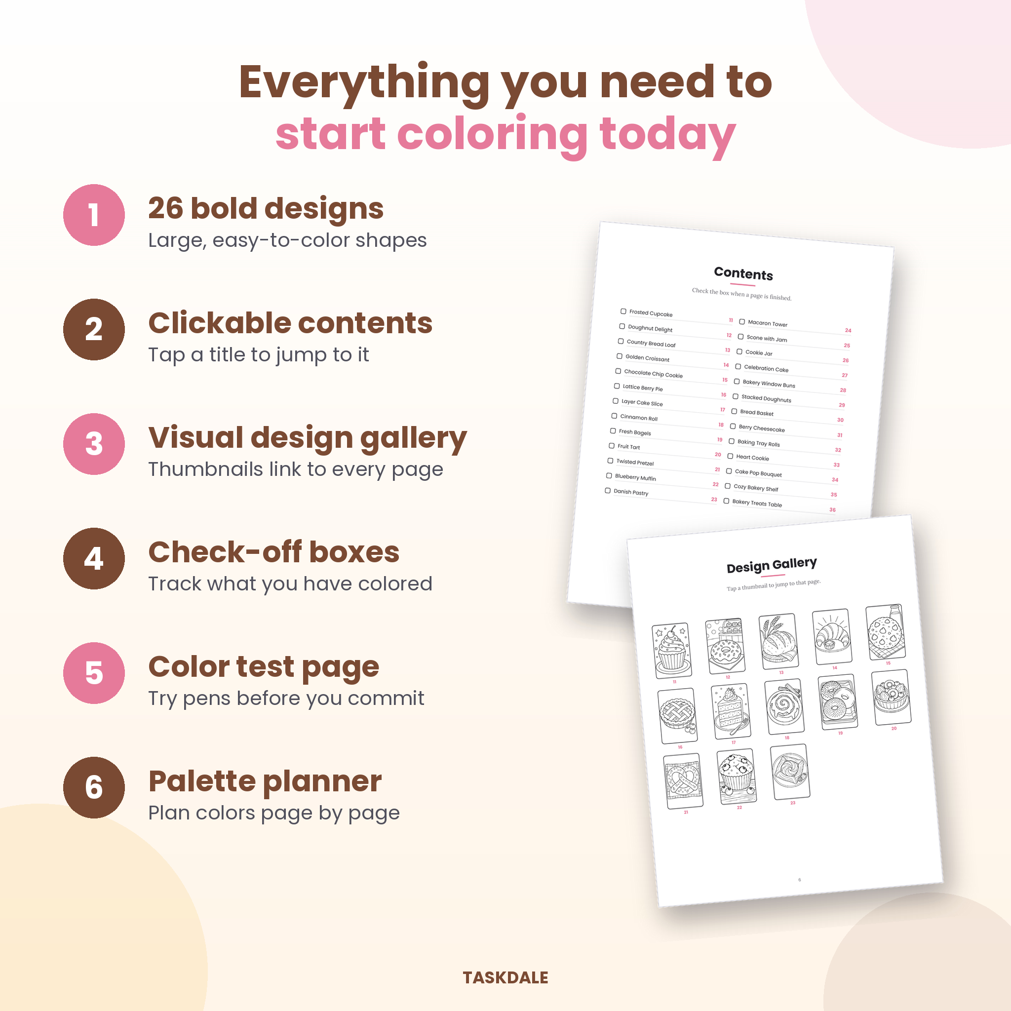 Bakery Treats coloring book features: clickable contents, gallery, color test page and palette planner