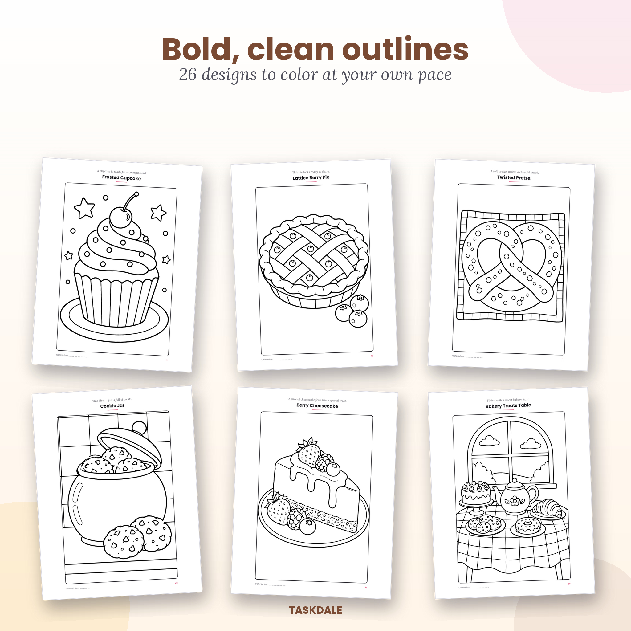 Six sample bakery coloring pages with bold outlines from the Bakery Treats coloring book