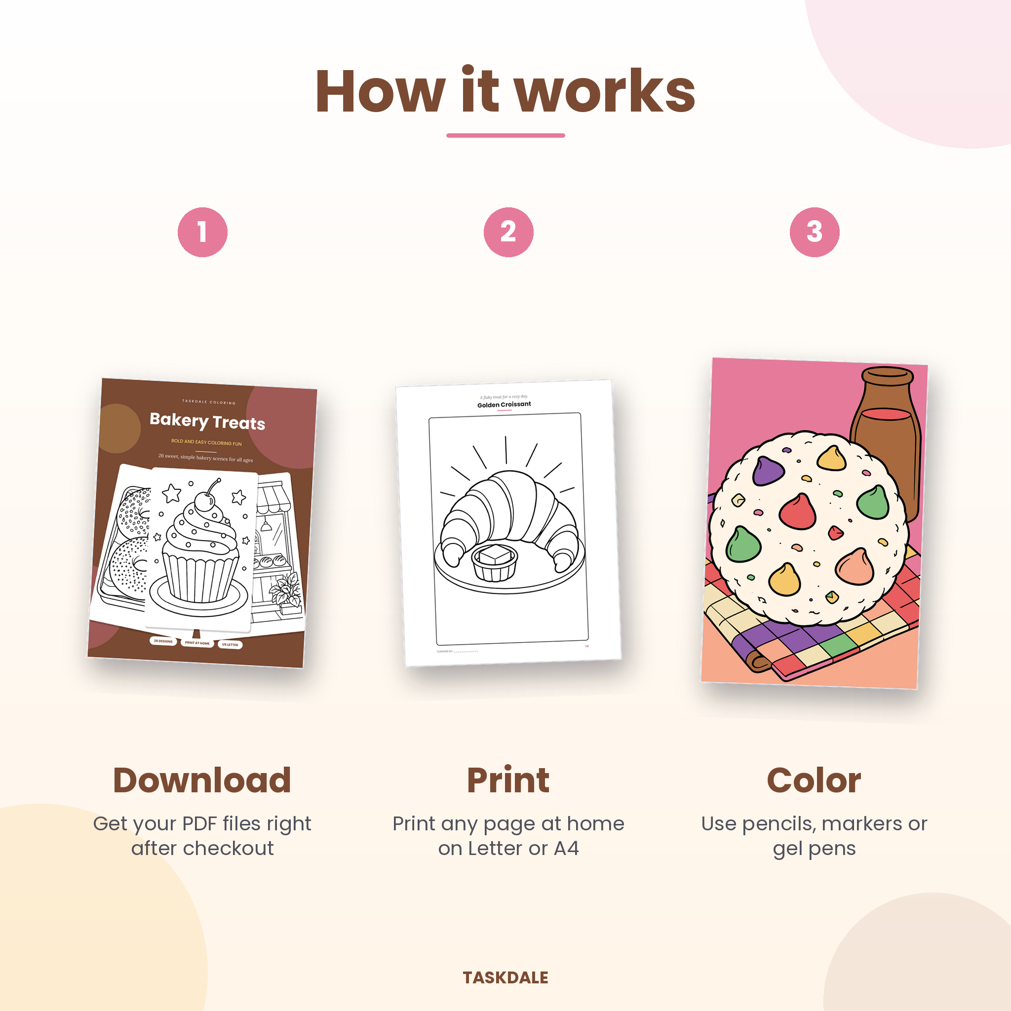 How it works: download, print and color the Bakery Treats coloring book