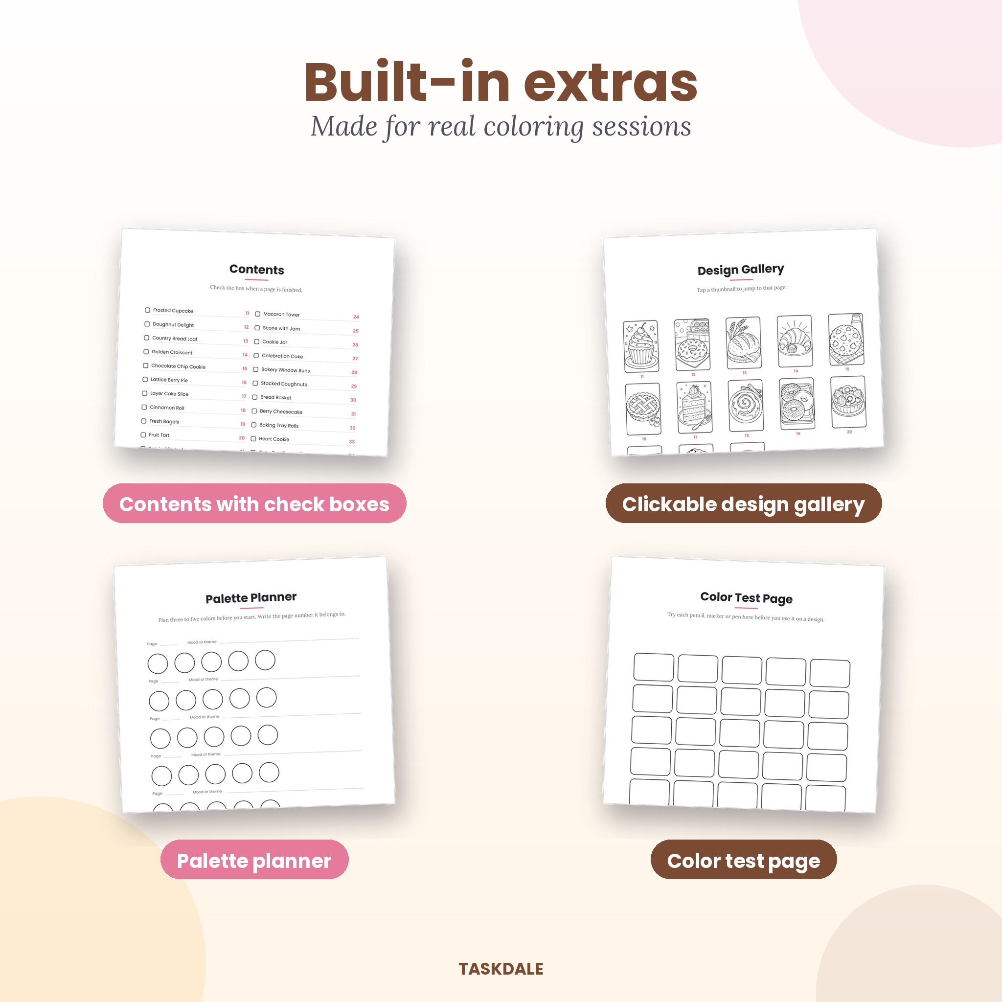 Built-in extras: contents check boxes, design gallery, palette planner and color test page