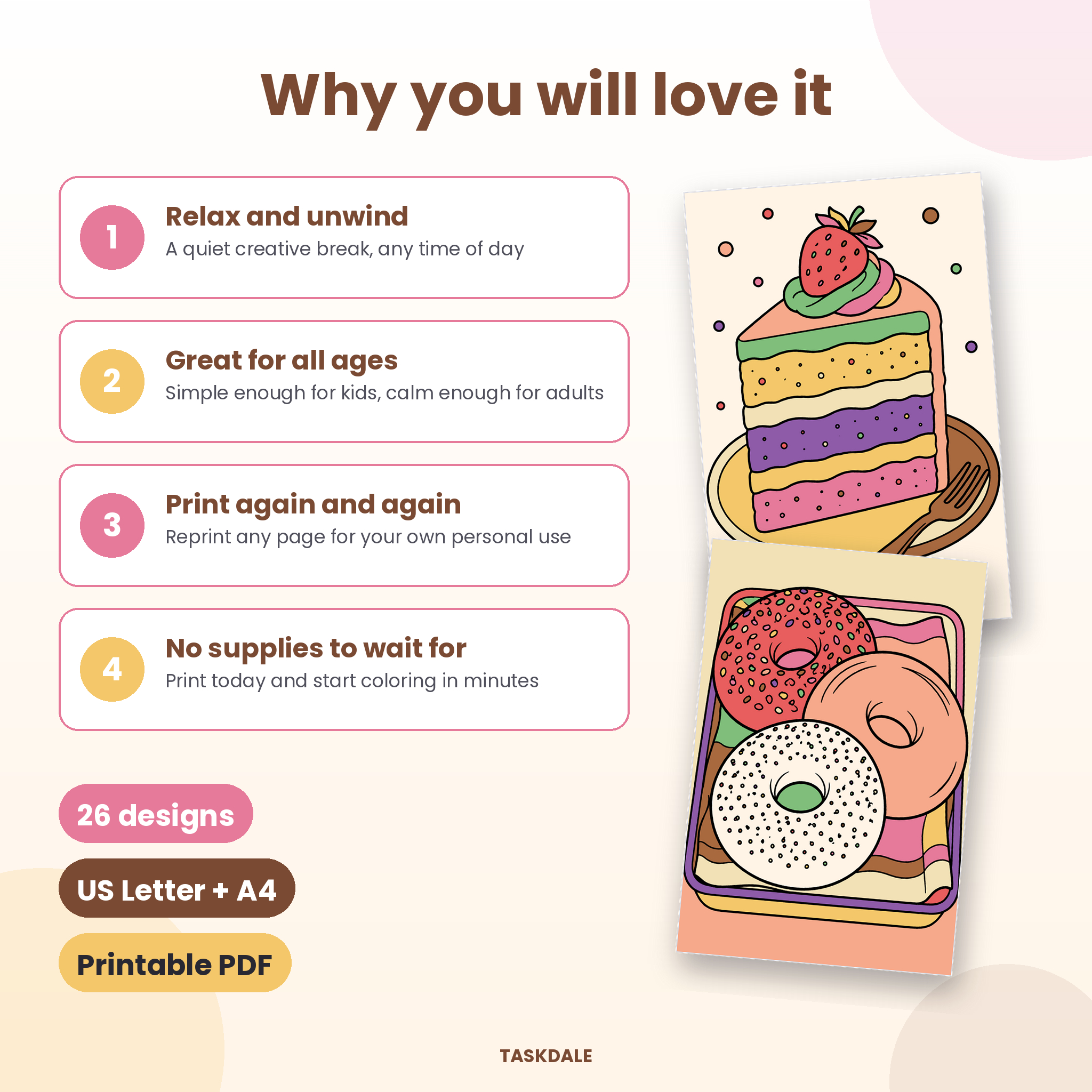 Benefits of the Bakery Treats coloring book with colored page examples