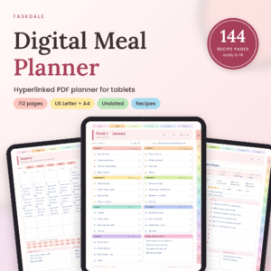 Basil & Birch digital meal planner with weekly plan, recipe and monthly pages shown on tablets