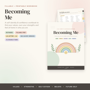 Becoming Me self-identity workbook cover with fillable and printable pages