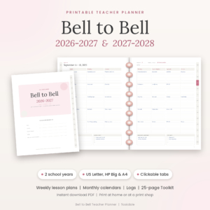 Bell to Bell printable teacher planner 2026-2027 and 2027-2028 with weekly lesson spread and cover