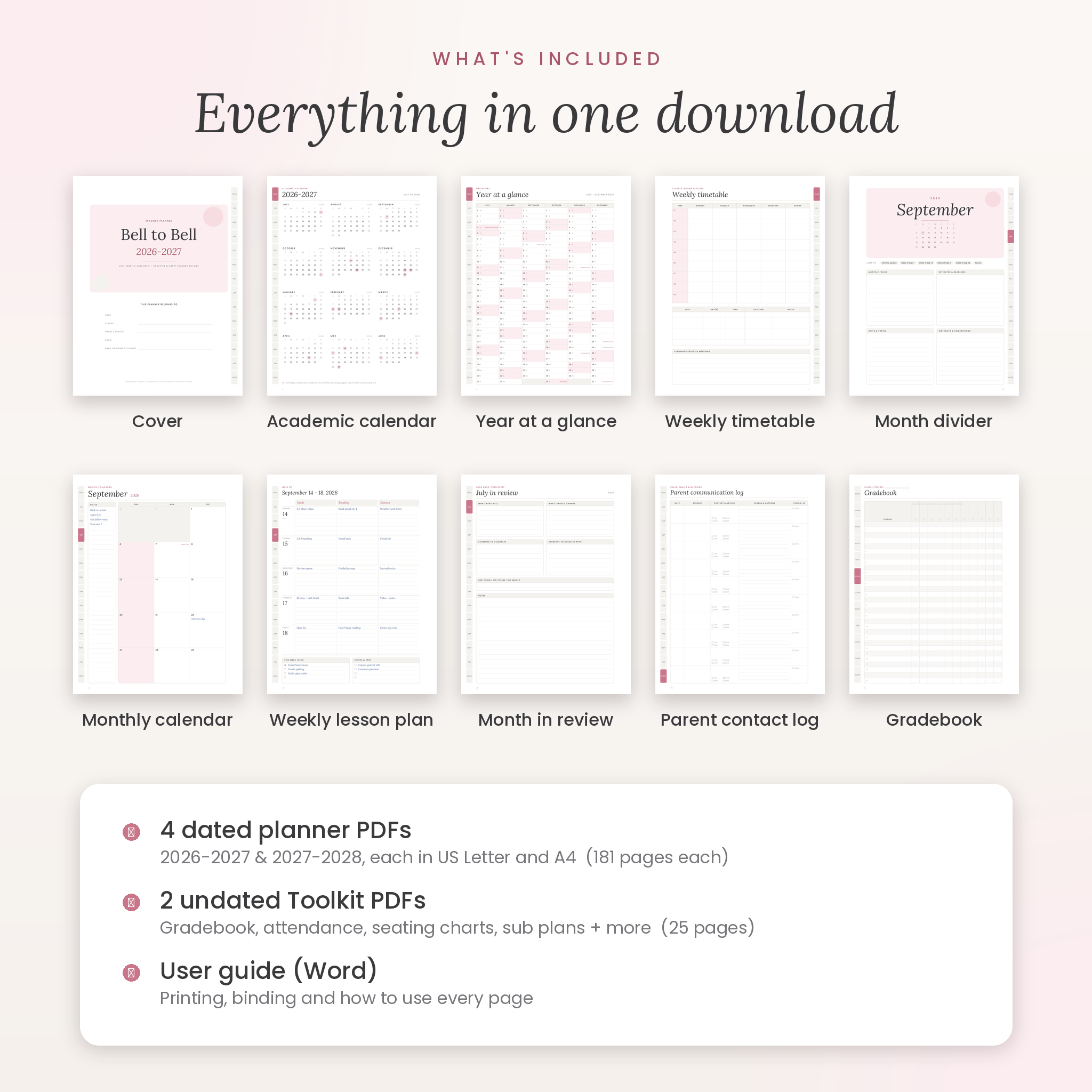 Everything included in the teacher planner download