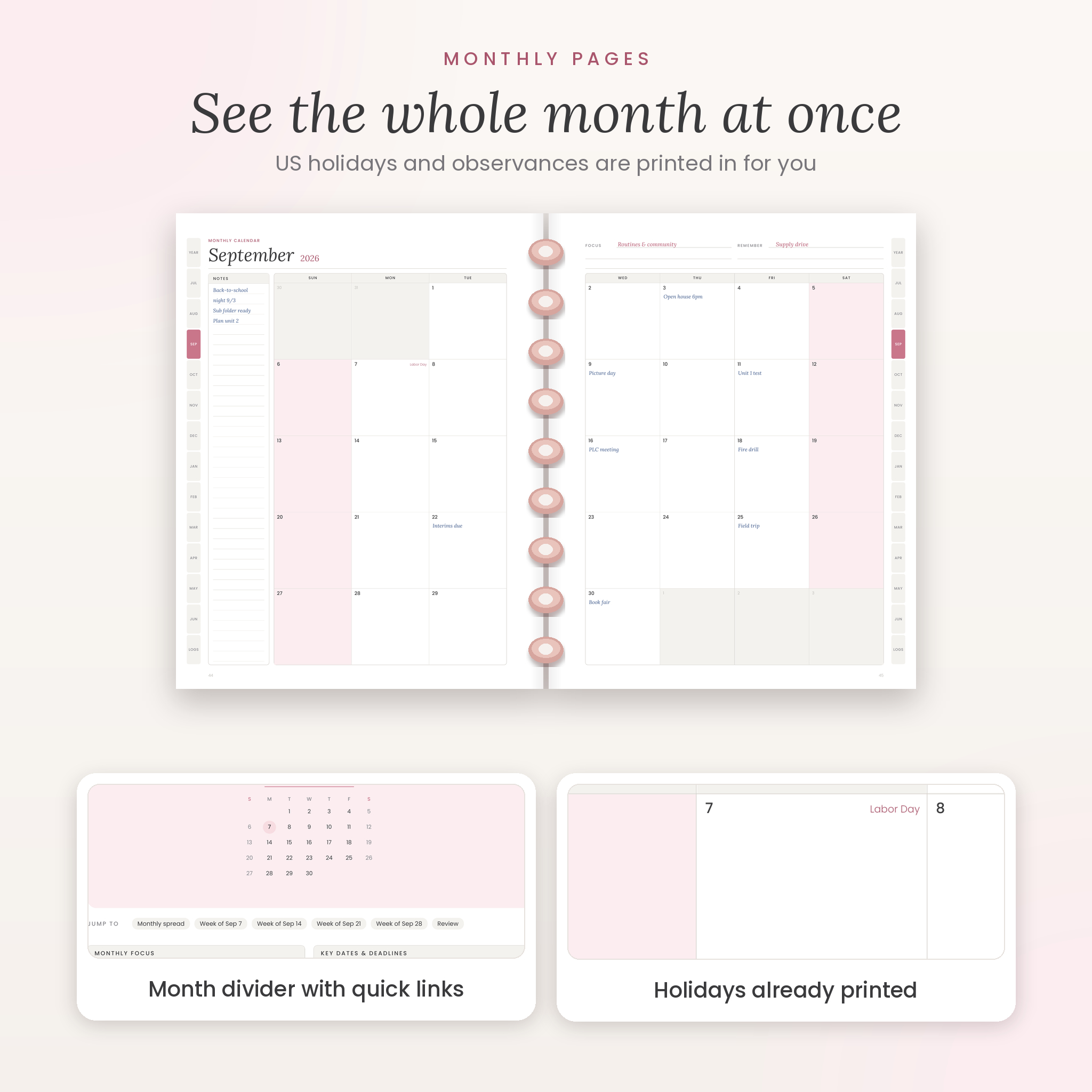 Two-page monthly calendar with US holidays printed