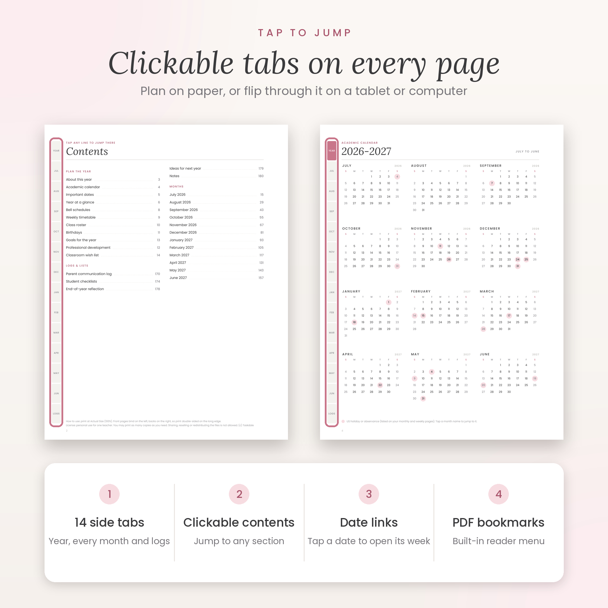 Clickable side tabs and contents page in the teacher planner PDF