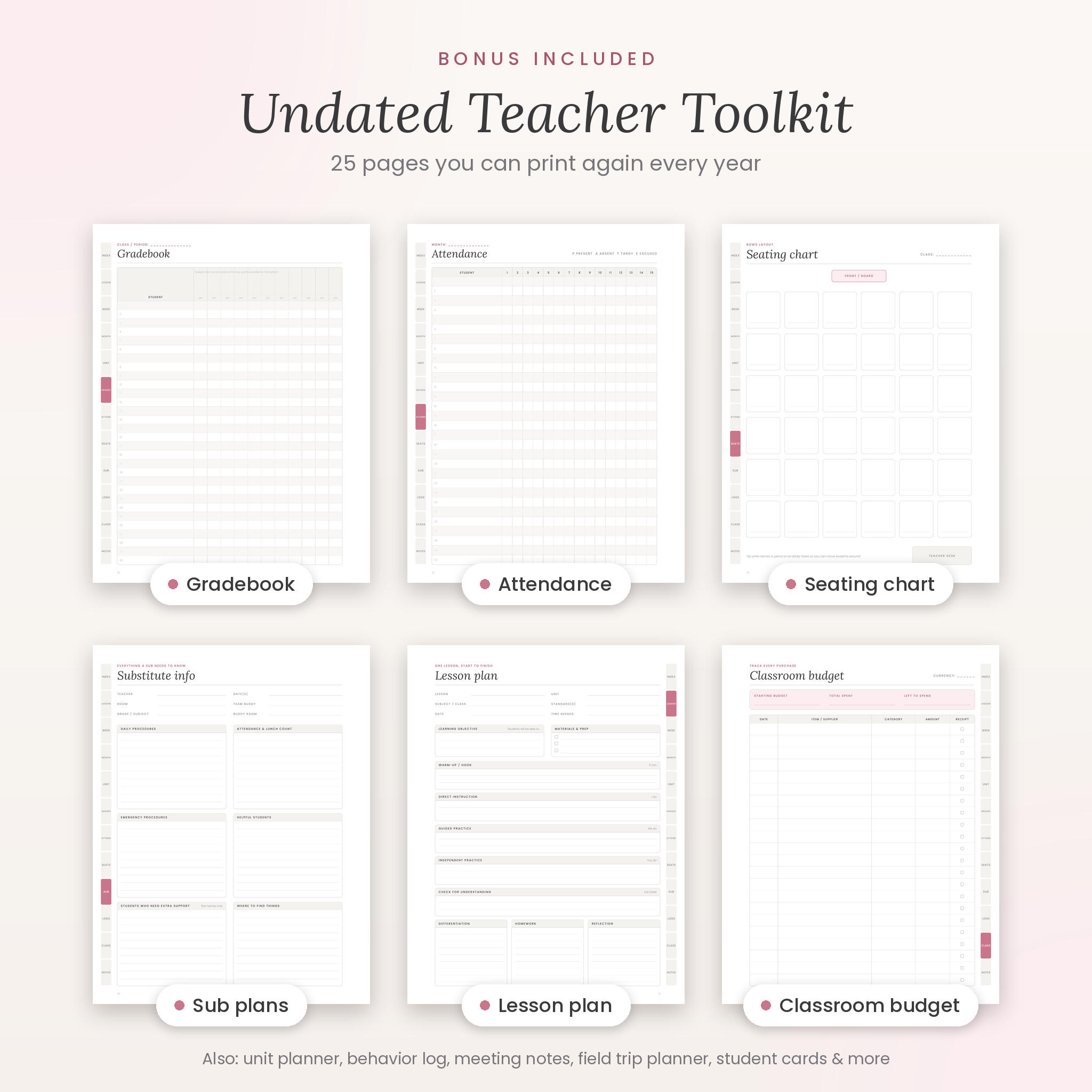 Undated teacher toolkit with gradebook, attendance, seating chart and sub plans
