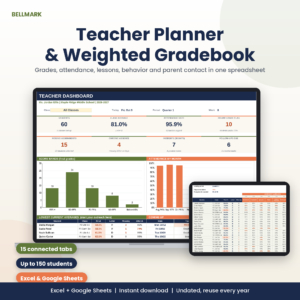 Bellmark teacher planner spreadsheet dashboard on a laptop with weighted gradebook on a tablet