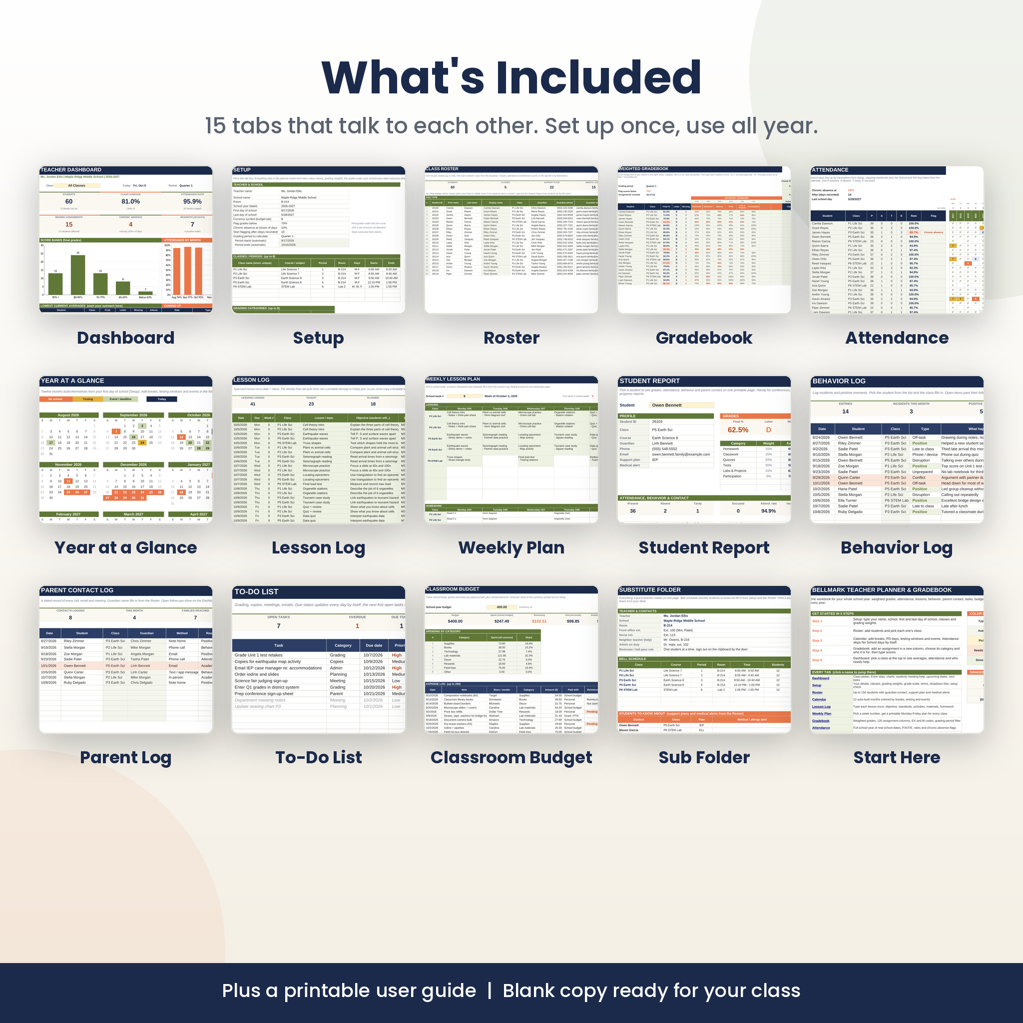 What is included in the Bellmark teacher planner: 15 spreadsheet tabs