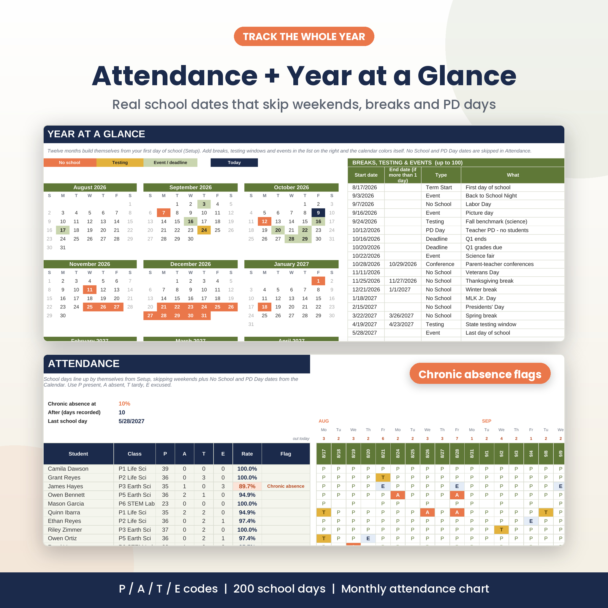 Attendance tracker and year at a glance calendar for teachers