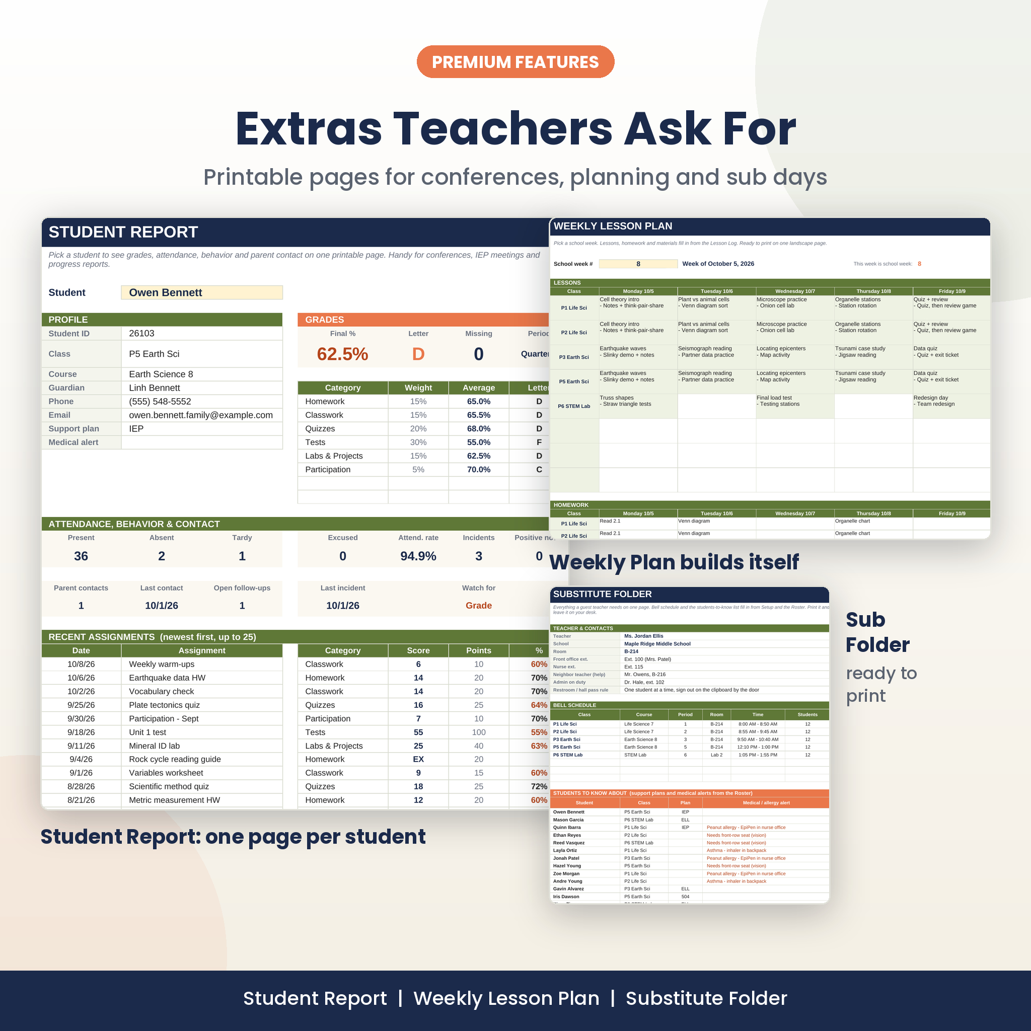 Student report, weekly lesson plan and substitute folder pages