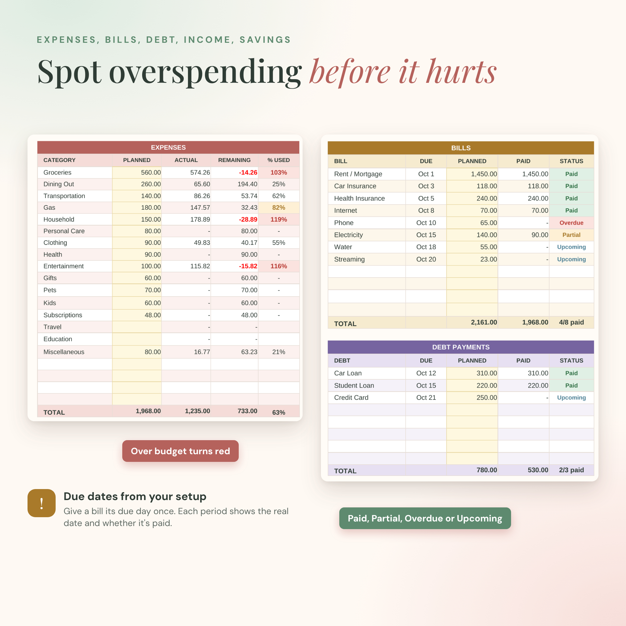 Expense tracker and bill tracker with due dates and status
