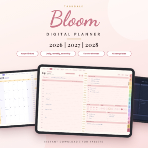 Bloom Digital Planner 2026-2028 hero. Hyperlinked digital planner shown on tablets.