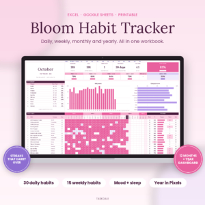 Bloom Habit Tracker spreadsheet for Excel and Google Sheets shown on a laptop with month dashboard